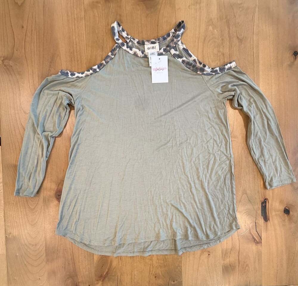 Bibi Olive Leopard Trim Top Size S Cold Shoulder NWT